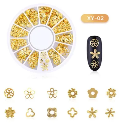 Produktbild von Schachtel Strasssteine für Nagelkunst, 3D-Nageldekorationen, Nagelperlen in verschiedenen Größen, Glitzer-Strasssteine, goldene Metall-Hohlnieten, Nagelkunst-Accessoires mit Stern-, Mond- und Sonnenmotiven für DIY-Nageldesign