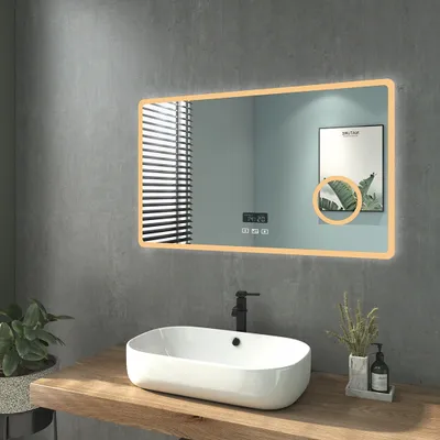 Obrázek produktu pro Heilmetz LED koupelnové zrcadlo 100x60cm Nástěnné zrcadlo Koupelnové zrcadlo Koupelnové zrcadlo s osvětlením s trojnásobným zvětšením Bez mlhy 3 typy světla Variabilní stmívání IP44 Vodotěsné zrcadlo s digitálními hodinami a Bluetooth