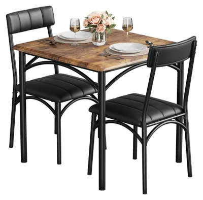Image de Ensemble de table et chaises, 3 pièces - Table carrée pour cuisine avec 2 chaises rembourrées - Métal et bois - Idéal pour les petits appartements / les petits espaces - Marron