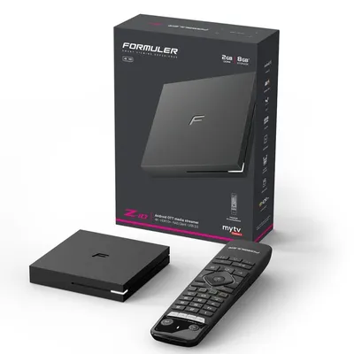 A product shot of a Formuler Z10 media streamer, its box, and remote control, presented on a white background.