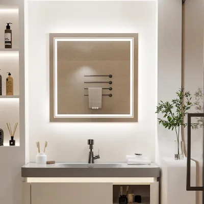 Produktbild von Vrygle LED Badspiegel Quadratisch 90 cm—Spiegel mit Beleuchtung, Antibeschlag & Spiegelheizung, Dimmbar, 3 Touch-Schalter, Warmweiß/Kaltweiß/Neutralwe