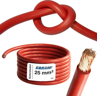 Produktbild von EBROM Batteriekabel hochflexibel Hi-Flex (Hi Flex) 25mm2 Kabel – Meterware ROT - sehr biegsam – Mantel aus PVC (70 ± 5 Shore) – 99,9 % OFC Kupfer 25 mm² - als Starterkabel, Ladekabel oder ähnliches