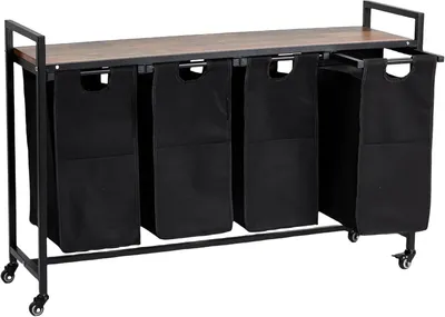 Immagine prodotto di Carrello portabiancheria con ruote - 4 sacchi portabiancheria estraibili - ripiano ventilato regolabile - organizer robusto in tessuto Oxford - colore nero