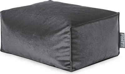 A dark gray ottoman is shown from a side angle on a white background.