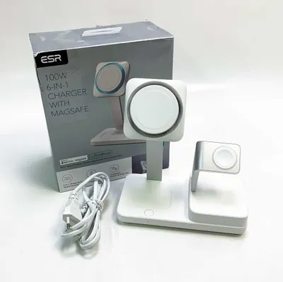 Produktbild von ESR 6E007, 100W 6 in 1 GaN Ladestation mit CryoBoost, kompatibel mit MagSafe Ladeständer, magnetisches kabelloses Ladegerät für iPhone 15/14/13/12, Apple Watch, AirPods Pro/3/2 und USB-C/A-Geräte, Weiß