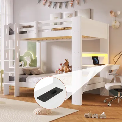 Produktbild von Hochbett 90 x 200 cm mit Schreibtisch, LED-Lichtleiste, Steckdose, USB & Typ-C, Sicherheitsgeländer und Regalen, Kiefernholz/MDF, Weiß