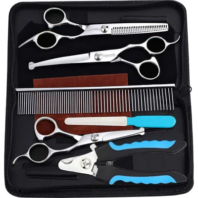 Produktbild von Hundeschere Fellschere Set mit Nageltrenner, Runde Spitze, Edelstahl, 7-teilig
