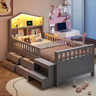 Immagine prodotto di Letto per bambini 90x200 cm con sponde di sicurezza, quattro cassetti, luci LED e porte USB/Tipo-C, letto in legno massello con rete a doghe e scaletta, colore grigio