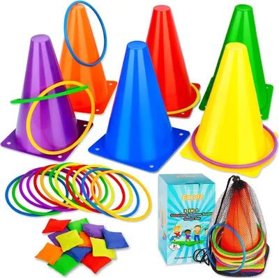 Productafbeelding van Werpspellenset 3-in-1 - Kegels - Zitzakjes - Ringwerpspel - Kinderverjaardag - Buitenspel - Zacht kunststof