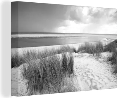 Produktbild von MuchoWow® - Leinwandbilder - Dünen mit Strandhafer vor der Nordsee - schwarz und weiß, Wandbild, Wanddeko Bilder Wohnzimmer, 120x80 cm