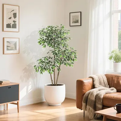 Obrázok produktu pre Umelý strom Ficus – umelá rastlina v črepníku – 150 cm – do interiéru, na podlahu – realistické listy z PE – do obývačky a kancelárie