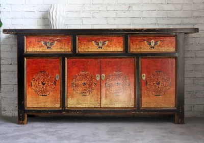 Image de OPIUM OUTLET Meuble en bois buffet commode commode mariage buffet buffet asiatique chinois style vintage noir orange