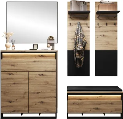 Produktbild von MIRJAN24 Garderobe-Set Quant IX, Garderobe mit LED-Beleuchtung, Kommode, Schuhschrank, Spiegel, Kleiderhakenbrett (Farbe: Artisan Eiche / Schwarz + Velo 637)