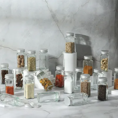 Produktbild von 12er-set Glas Gewürzglas mit Bambusdeckel, luftdicht, transparent, Küche Aufbewahrung, inkl. Trichter, Bürste, Etiketten
