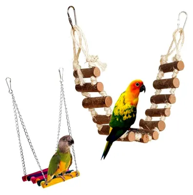Produktbild von Vogelspielzeug für Sittiche, Seil-Leiter-Schaukel-Hängematte aus Naturholz und Seil, Zubehör für Papageien, Wellensittiche, Conure und Nymphensittiche (2 Stück)