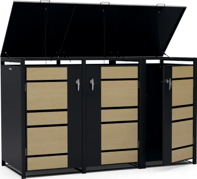 Image de Blumfeldt cache poubelle extérieur – acier galvanisé résistant, pour 60 L/120 L/240 L, fermeture à clé, design moderne, contient 3 bacs, abri pour poubelle, érable & noir