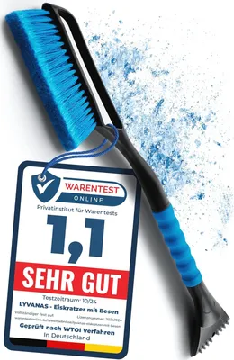 A blue and black ice scraper with a brush, shown with a test rating tag.