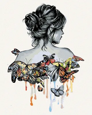 A painting of a woman's back with butterflies.