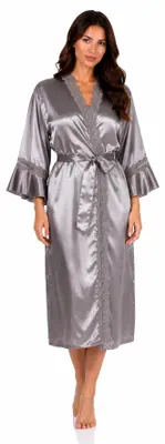 Produktbild von Damen Satin Morgenmantel Kimono mit Spitze Seidenoptik Hausmantel Taupe XXL/44