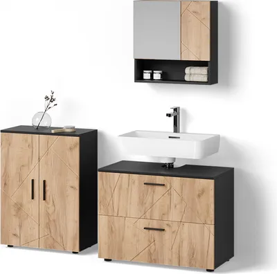 Produktbild von Badmöbel-Set Livinity Ronco Goldkraft Eiche/Anthrazit 3 Teile, mit Unterschrank 80 cm, Model 52698