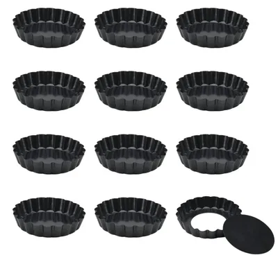 Zdjęcie produktu dla Forma do tarty okrągła karbowana - Zestaw 12 szt. - Czarna - 10 cm - Foremki do quiche z wyjmowanym dnem