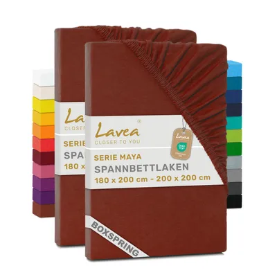 Produktbild von Lavea® 2er Pack Spannbettlaken 180/200x200 cm, Jersey Bettlaken 100% Baumwolle – Boxspringbetten, Wasserbetten, Matratzen bis 35 cm – Kastanie
