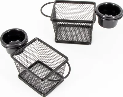 Produktbild von MINI Edelstahl Servierkorb 2-er Set Fingerfood Snack Pommes Servierkörbchen 10x8x6cm mit Saucenschale aus Melamin schwarz