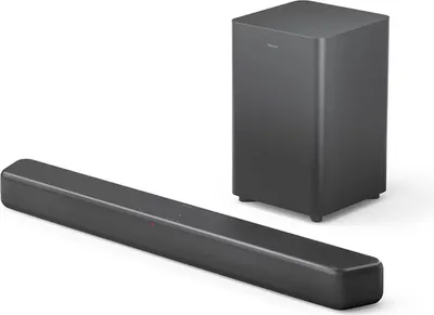 A soundbar and subwoofer are displayed on a white background.