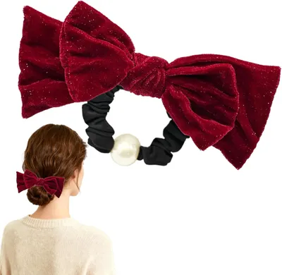 Produktbild von Samt-Haargummi für Damen mit Schleife und Perle, großes elastisches Haargummi aus weichem Samt, rutschfest, eleganter Haarschmuck für Pferdeschwanz, Hochzeit, Party und festliche Anlässe (Rot)