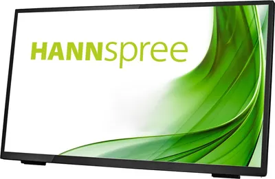A computer monitor with a green abstract design on the right side of the screen and the brand name 'HANNspree' on the left.
