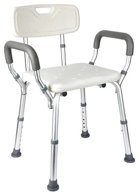 Image de Siège de douche, structure métallique, hauteur réglable de 46 à 58 cm, capacité de charge de 159 kg, accoudoirs rembourrés, antidérapant