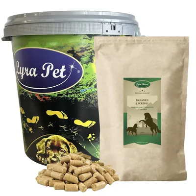 Image de 5 kg de friandises à la banane Lyra Horse® dans un bac de 30 L