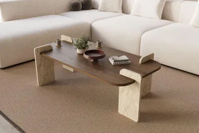 Produktbild von Skye Decor, Moderner Couchtisch (Walnuss & Travertin), 120 x 60 x 35 cm | 100% melaminbeschichtete Spanplatte | Zerlegt, ideal für stilvolle Wohnräume und moderne Einrichtungen.