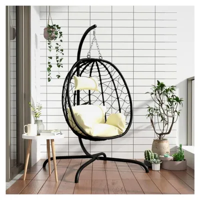 Produktbild von Hängesessel mit Kissen - Schwarz, Cremeweiß, PE-Rattan, 106x103x195 cm