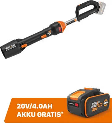 Immagine prodotto di Soffiatore a batteria WORX Nitro 20V 209km/h WG543E.9, motore brushless + batteria di ricambio aggiuntiva gratuita WA3644 20V (4,0 Ah)