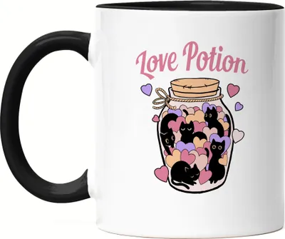 Produktbild von Love Potion Tasse Schwarz mit Katzen und Herzen Motiv für Katzenliebhaber Katzenliebe Miau Mieze Büsi