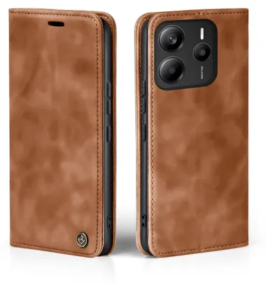 A brown leather flip case for a smartphone, shown from two angles.