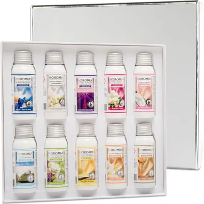 Image de Coffret cadeau de parfum pour le linge, 10 x 50 ml, parfum intense, plastique, H x L x P : 24 x 23 x 4 cm, blanc/orange/vert