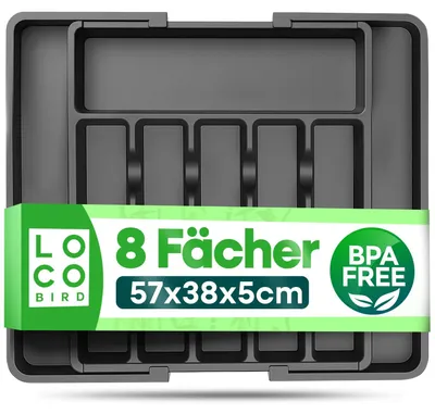 Bestekbak ausziehbar 50 cm, Kunststoff, 9 Fächer, schwarz