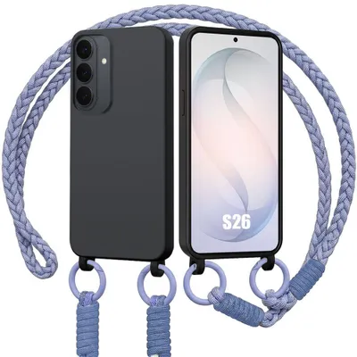 Image de Coque pour Samsung Galaxy S26, Protection Silicone Souple Noire avec Cordon Violet