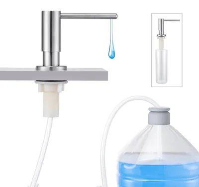 Produktbild von Einbaubarer Seifenspender für Küchenspülen, in die Arbeitsplatte eingelassen, mit 500 ml Flasche und 1 m Verlängerungsschlauch, Befüllung von oben, gebürsteter Edelstahl.