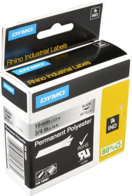 Produktbild von DYMO Rhino Industrie Permanente Polyesteretiketten | 6 mm x 5,5 m | Schwarz auf Metallic | selbstklebendes Schriftband | für Rhino und LabelManager Beschriftungsgerät, D1, Polyester, Belgien, 5,5 m, 1 Stück(e), 34 mm