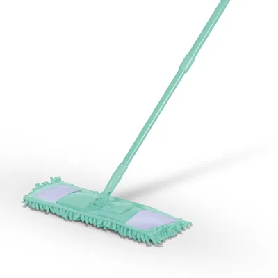 A mint-colored mop with a light purple cleaning pad, shown against a white background.
