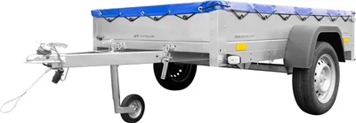 Zdjęcie produktu dla Przyczepka samochodowa na resorach 200x125 UNITRAILER GARDEN 201/R KIPP ze stelażem H-0 i pokrowcem niebieskim