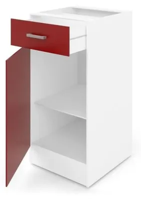 Produktbild von ULTRA Unterschrank für die Küche, 40 cm breit, matt roter Melaminfront, weiße Korpus- und Arbeitsplatte, 1 Tür und 1 Schublade, inklusive Griffe, Füße, Beschläge und Arbeitsplatte mit rechteckigem Ausschnitt