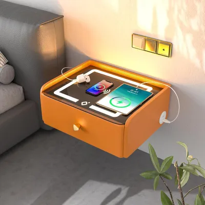 Image de Table de chevet avec tiroir, suspendue, de couleur orange, avec éclairage LED et port USB-C