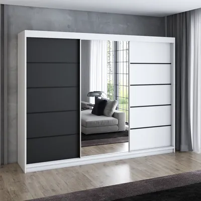 Produktbild von Schwebetürenschrank 200 cm, 3-türig, mit Spiegel & 4 Schubladen, Retro-Stil, modern, in Weiß/Schwarz/Sonoma – Kleiderschrank VILUNO 2