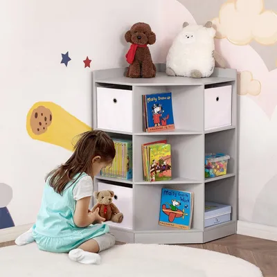 Produktbild von Kinderregal mit 3 Aufbewahrungsboxen Aufbewahrungsregal Eckregal Spielzeugablage für 3-12 Jahre Kinder 57,4 x 57,4 x 94 cm Grau