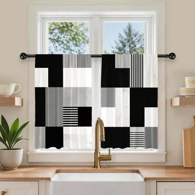 Küchenvorhänge 70x91 cm, geometrisches Blockmuster, 2 Paneele