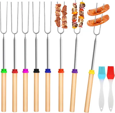 Imagen del producto de Brochetas telescópicas, ajustables de 31 a 81 cm, 2 pinceles para aceite, 8 colores, ideales para camping